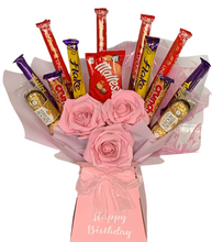 Load image into Gallery viewer, Personalised beautiful pink roses with a variety of chocolates bouquet