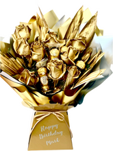 Load image into Gallery viewer, Luxury fresh golden roses & Ferrero Rocher chocolates personalised gift for any occasion flower bouquet gifts