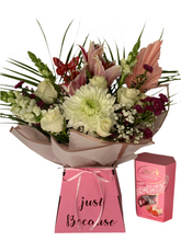 Load image into Gallery viewer, Beautiful fresh flower and chocolate delights bouquet- personalised for any celebration Mother’s Day, birthdays