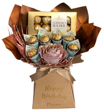 Load image into Gallery viewer, Rose gold personalised Ferrero rocher chocolate bouquet with real money
