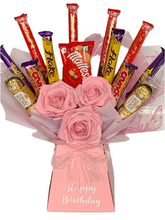 Load image into Gallery viewer, Personalised beautiful pink roses with a variety of chocolates bouquet
