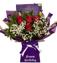 Load image into Gallery viewer, Fresh cut flowers & Cadbury’s personalised chocolate bouquet