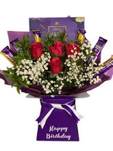 Load image into Gallery viewer, Fresh cut flowers & Cadbury’s personalised chocolate bouquet