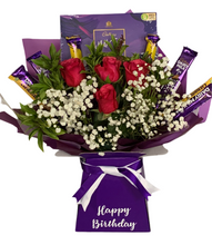 Load image into Gallery viewer, Fresh cut flowers & Cadbury’s personalised chocolate bouquet