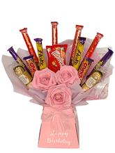 Load image into Gallery viewer, Personalised beautiful pink roses with a variety of chocolates bouquet