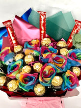 Load image into Gallery viewer, Beautiful rainbow roses Ferrero Rocher chocolate bouquet