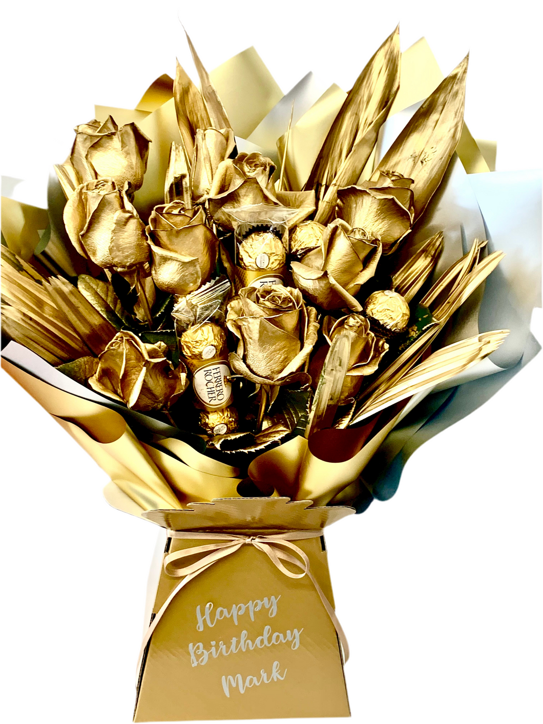Luxury fresh golden roses & Ferrero Rocher chocolates personalised gift for any occasion flower bouquet gifts