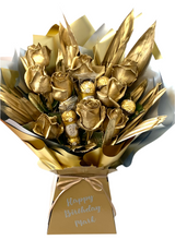 Load image into Gallery viewer, Luxury fresh golden roses &amp; Ferrero Rocher chocolates personalised gift for any occasion flower bouquet gifts

