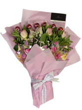 Load image into Gallery viewer, 6 pink fresh flowers/roses hand held chocolate bouquet
