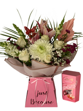 Load image into Gallery viewer, Beautiful fresh flower and chocolate delights bouquet- personalised for any celebration Mother’s Day, birthdays
