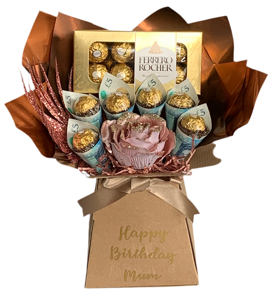 Rose gold personalised Ferrero rocher chocolate bouquet with real money