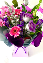 Load image into Gallery viewer, Purple &amp; silver fresh flowers / rose bouquet personalised with Cadburys chocolates
