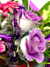Load image into Gallery viewer, Purple &amp; silver fresh flowers / rose bouquet personalised with Cadburys chocolates
