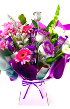 Load image into Gallery viewer, Purple &amp; silver fresh flowers / rose bouquet personalised with Cadburys chocolates
