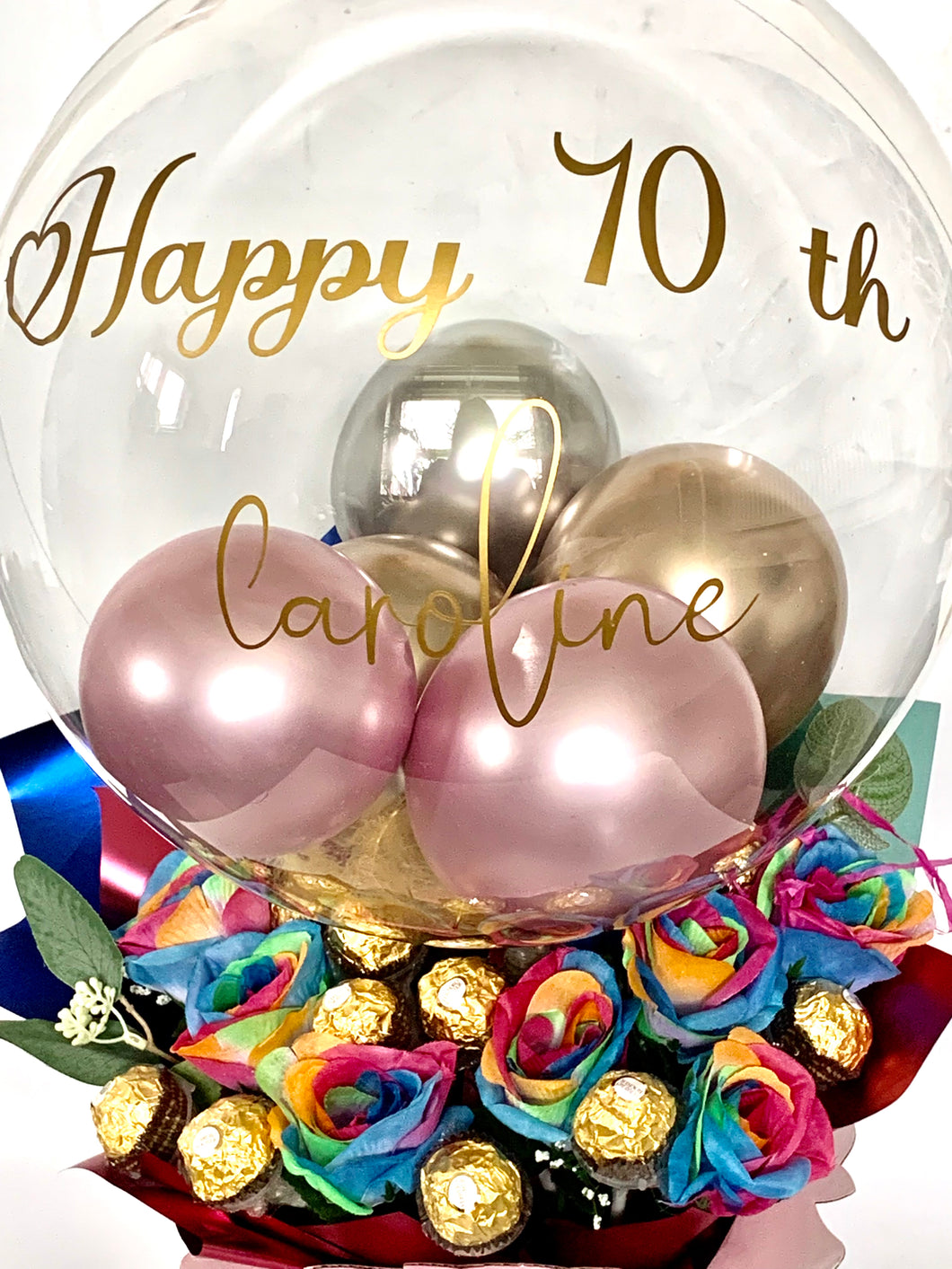 Rainbow roses Ferrero Rocher extra large personalised balloon chocolate bouquet