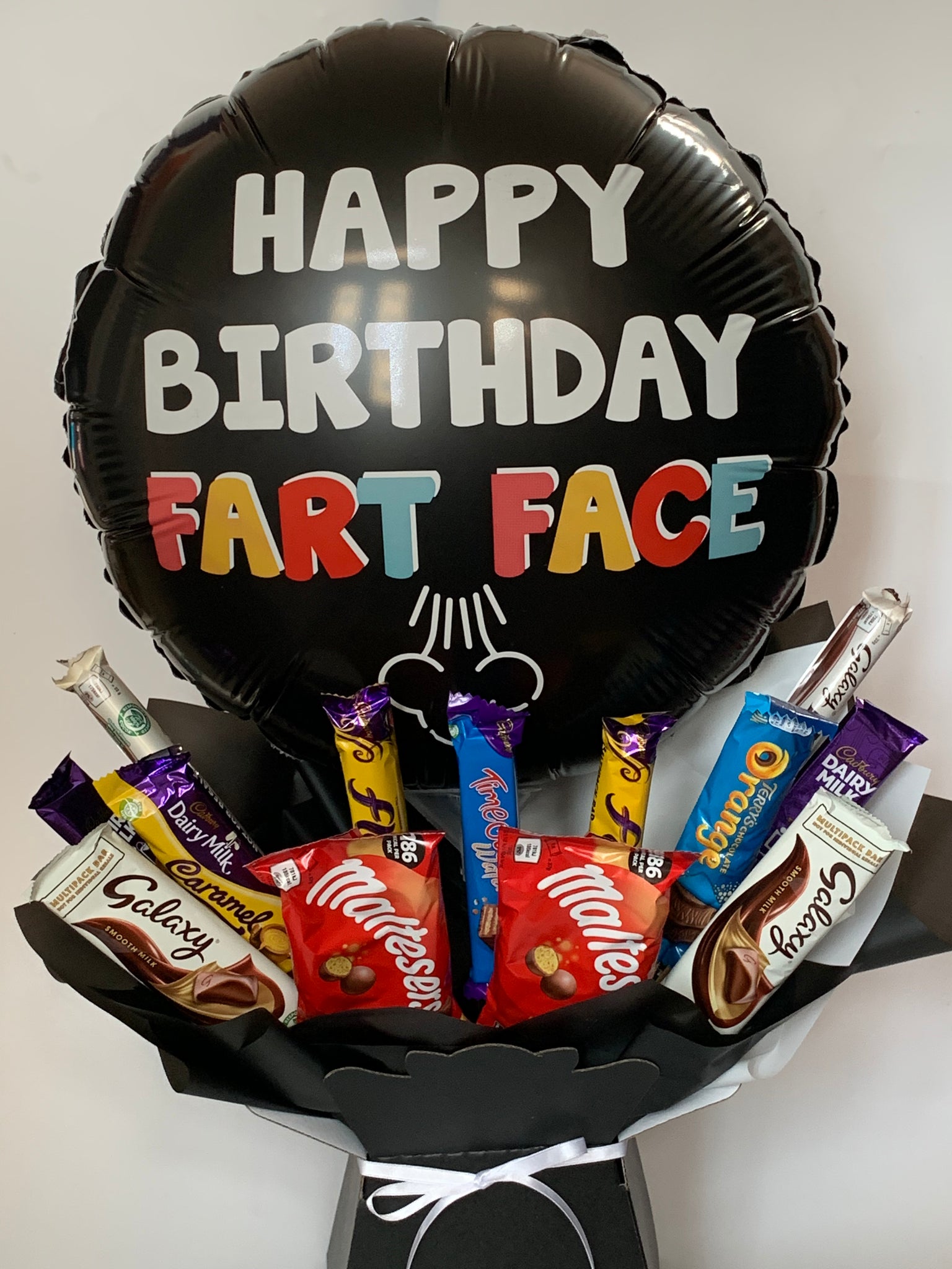 Birthday Fart Face 18” balloon gifts chocolate bouquet – L R Craft Creations